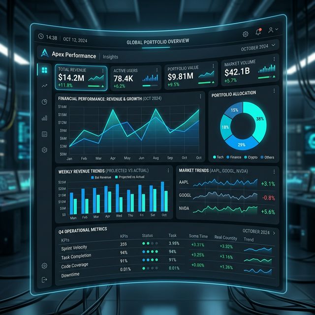 A sleek performance statistics dashboard displayed on a futuristic interface, showing graphs and charts in ocean blue and aqua tones. Dark mode, premium financial and productivity data interface. No people.